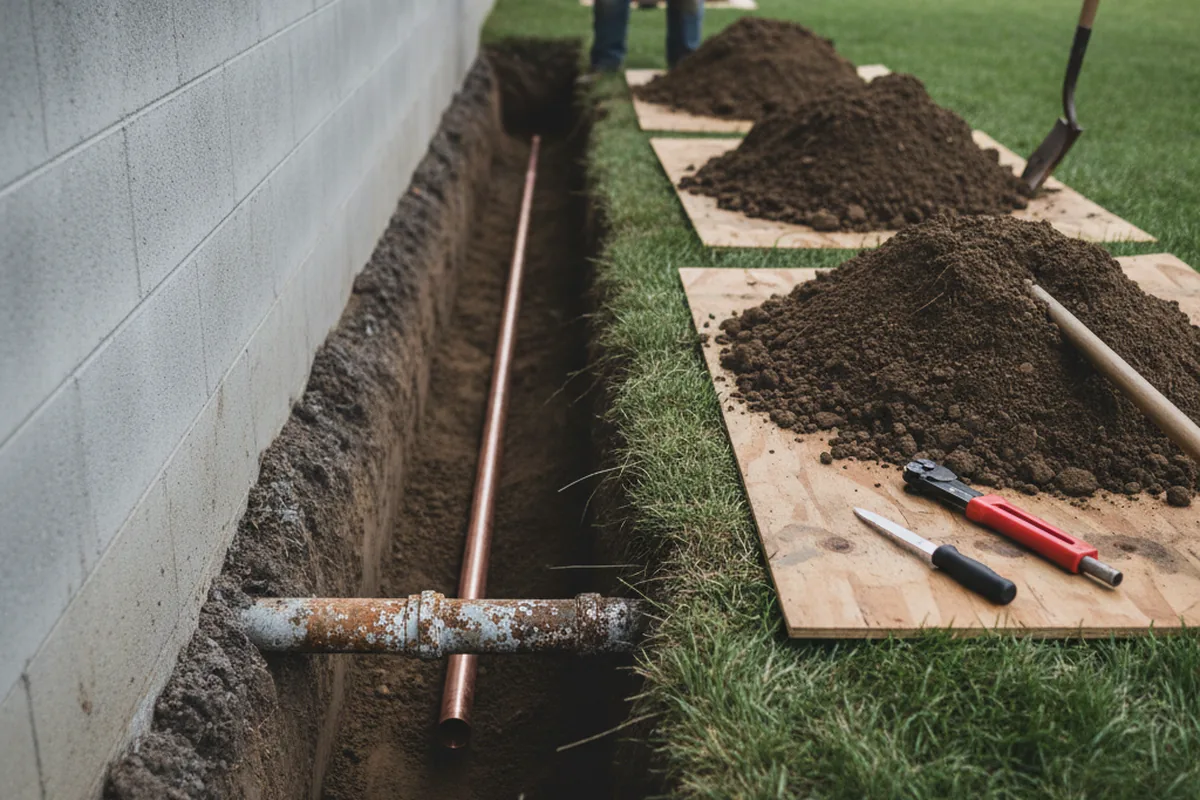 Excavated water line trench during Water Softener Installation in Vinton
